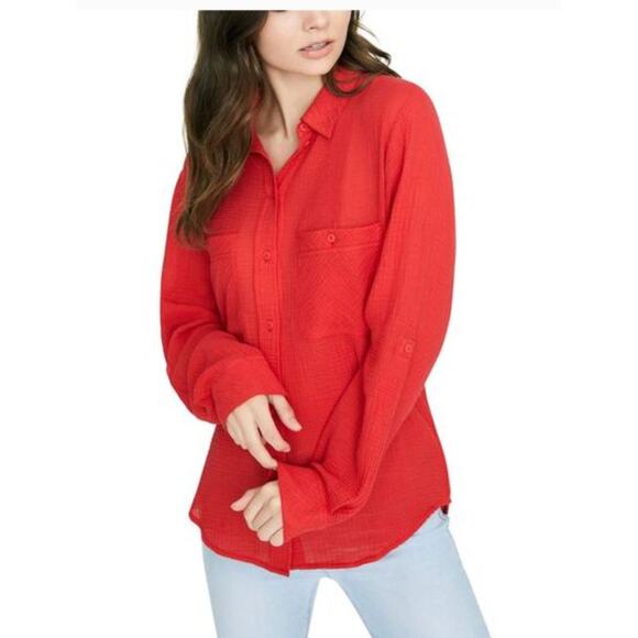 Sanctuary Shirt Womens Small Red Textured Button Down Career Pocket Front Anthro - Picture 1 of 8